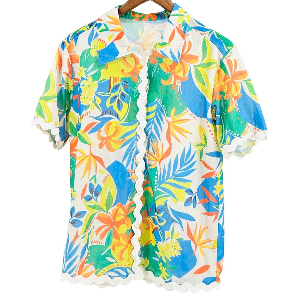 Vintage 70s Handmade Multicolor 100% Cotton Tropical Ric Rac Button Down Shirt - Picture 1 of 8